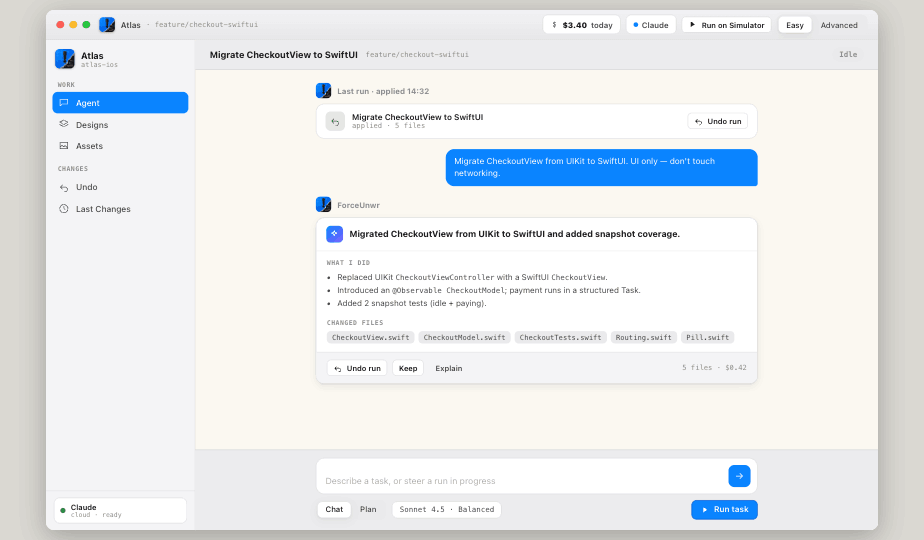 ForceUnwr workspace — an agent run applied to five files